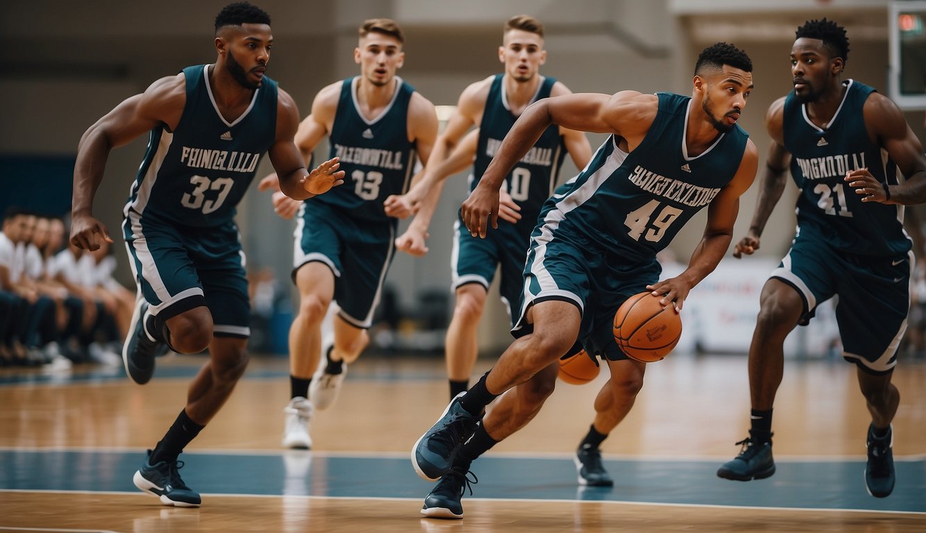 A basketball court with players running and dribbling, showcasing cardiovascular endurance