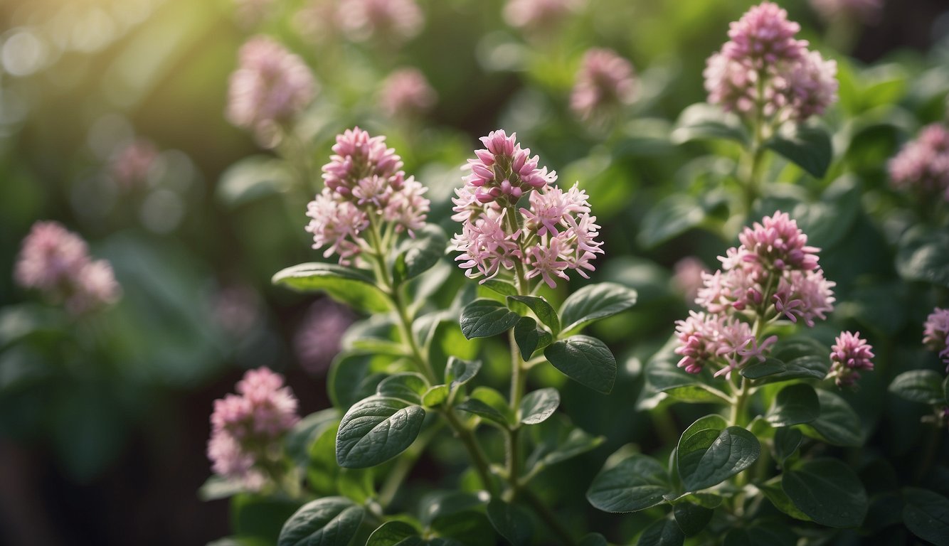 A variety of oregano plants in different sizes and shades, with small, delicate leaves and clusters of tiny white or pink flowers