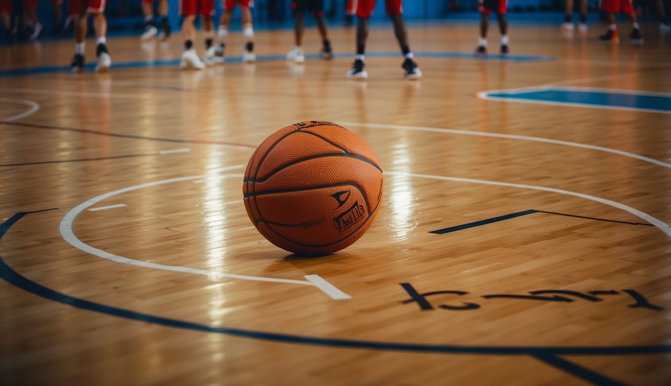 A basketball court with a scratched code in the center, surrounded by players and a hoop