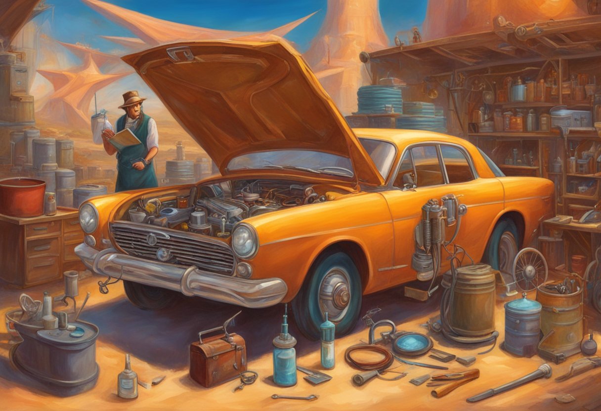 A mechanic checks transmission fluid levels with a dipstick, surrounded by tools and diagnostic equipment