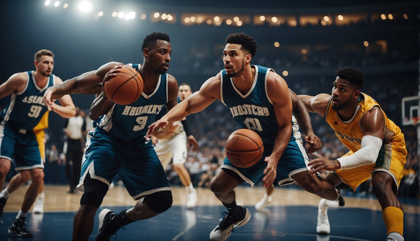 Basketball players defended by a barrier