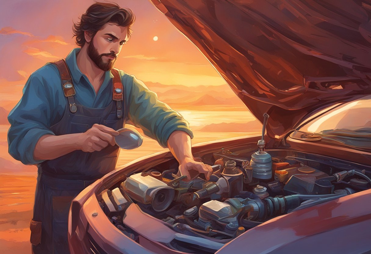 A mechanic checks transmission fluid levels with a dipstick, referencing a website for troubleshooting a P0868 code
