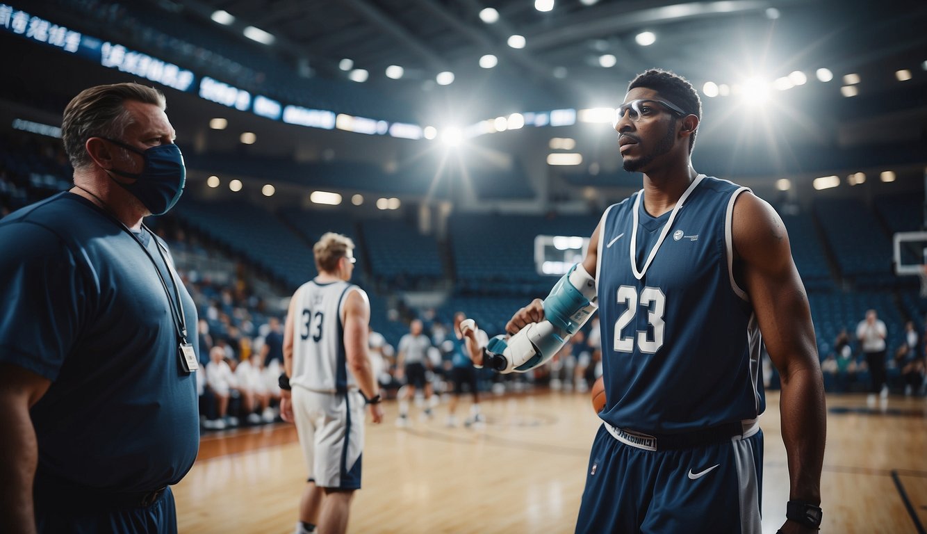 Basketball players wearing protective gear, surrounded by medical staff and coaches