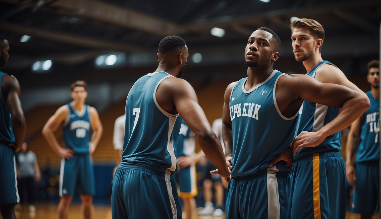 Basketball players practice safety techniques, wearing protective gear and receiving training from a coach