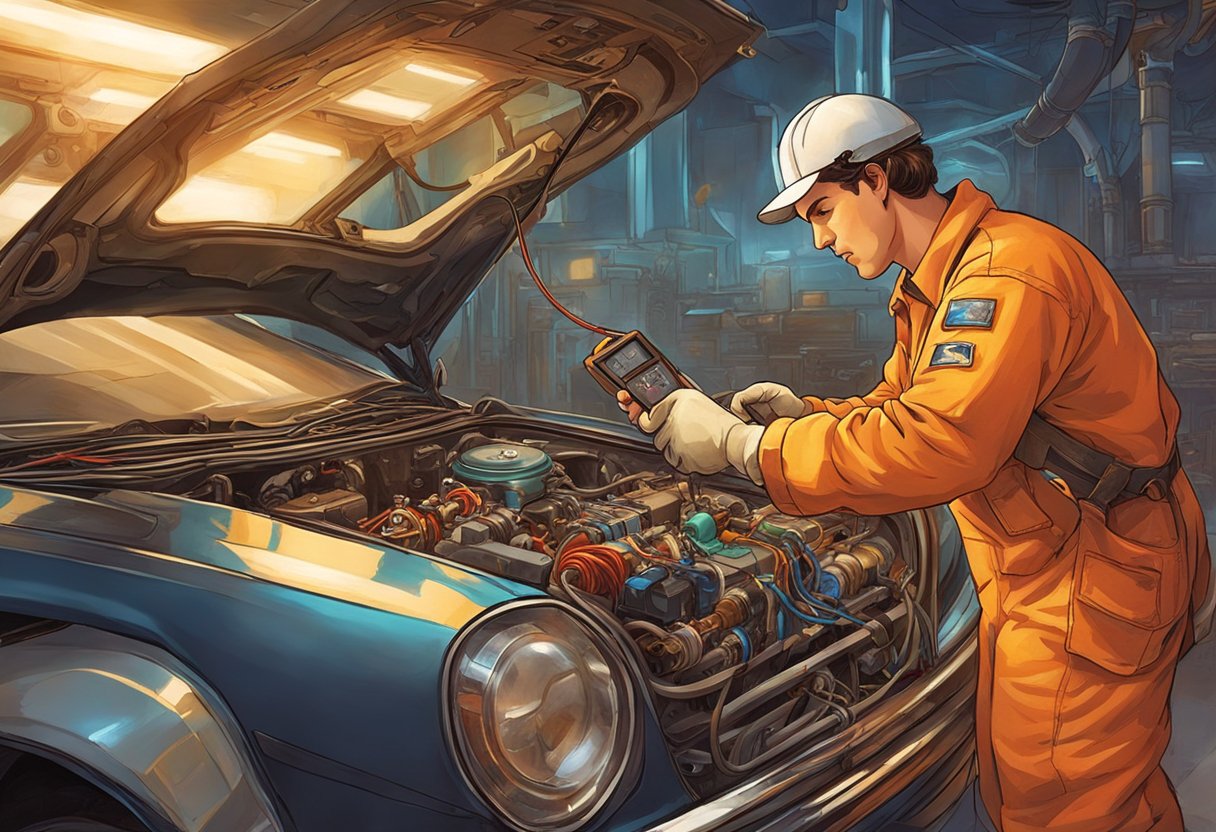 A mechanic checks the wiring of an oxygen sensor using a multimeter. The sensor is located near the exhaust manifold of a car