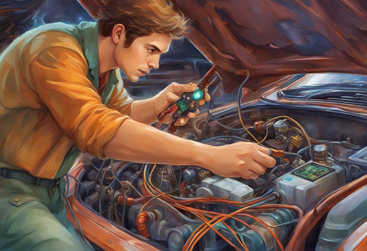 A mechanic uses a multimeter to test the oxygen sensor heater control circuit in a car engine bay. Wires and connectors are visible