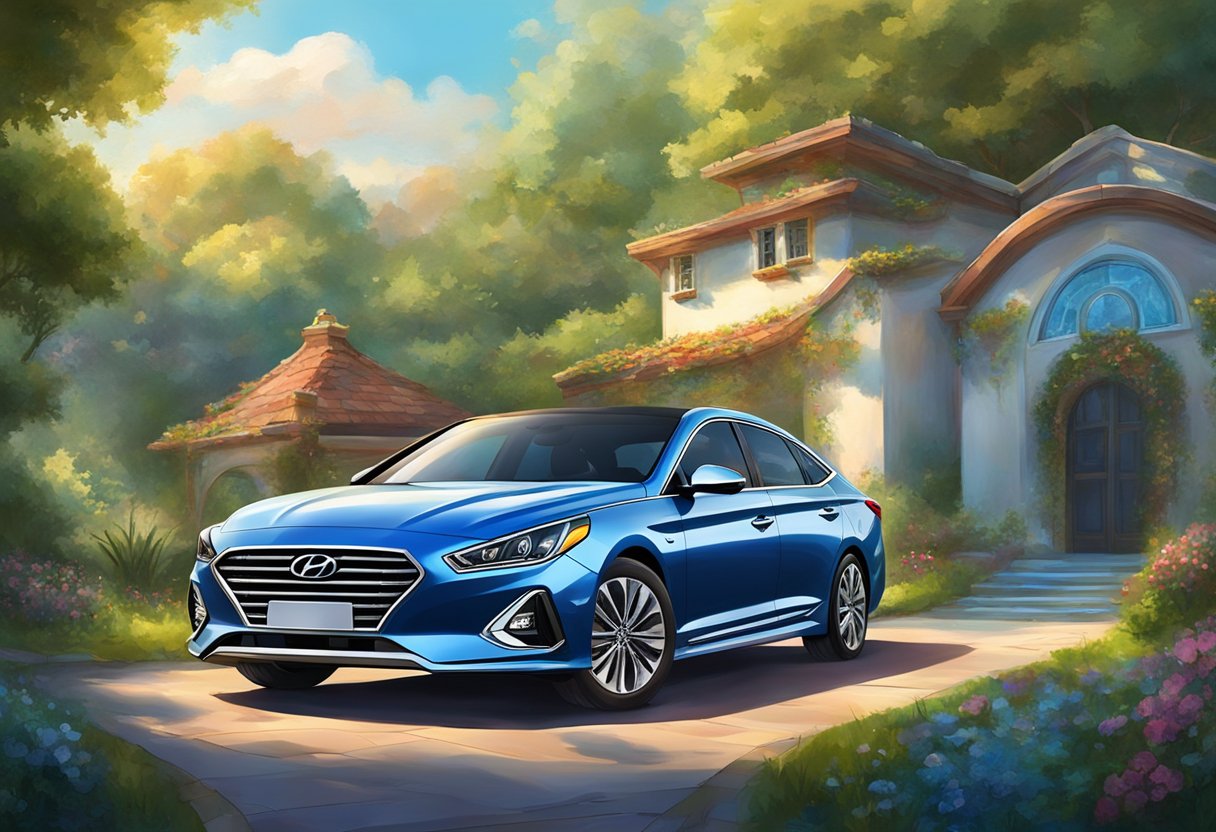 A Hyundai Sonata parked in a suburban driveway, surrounded by lush greenery and a clear blue sky. The car's sleek design and modern features are highlighted, with a focus on its reliability