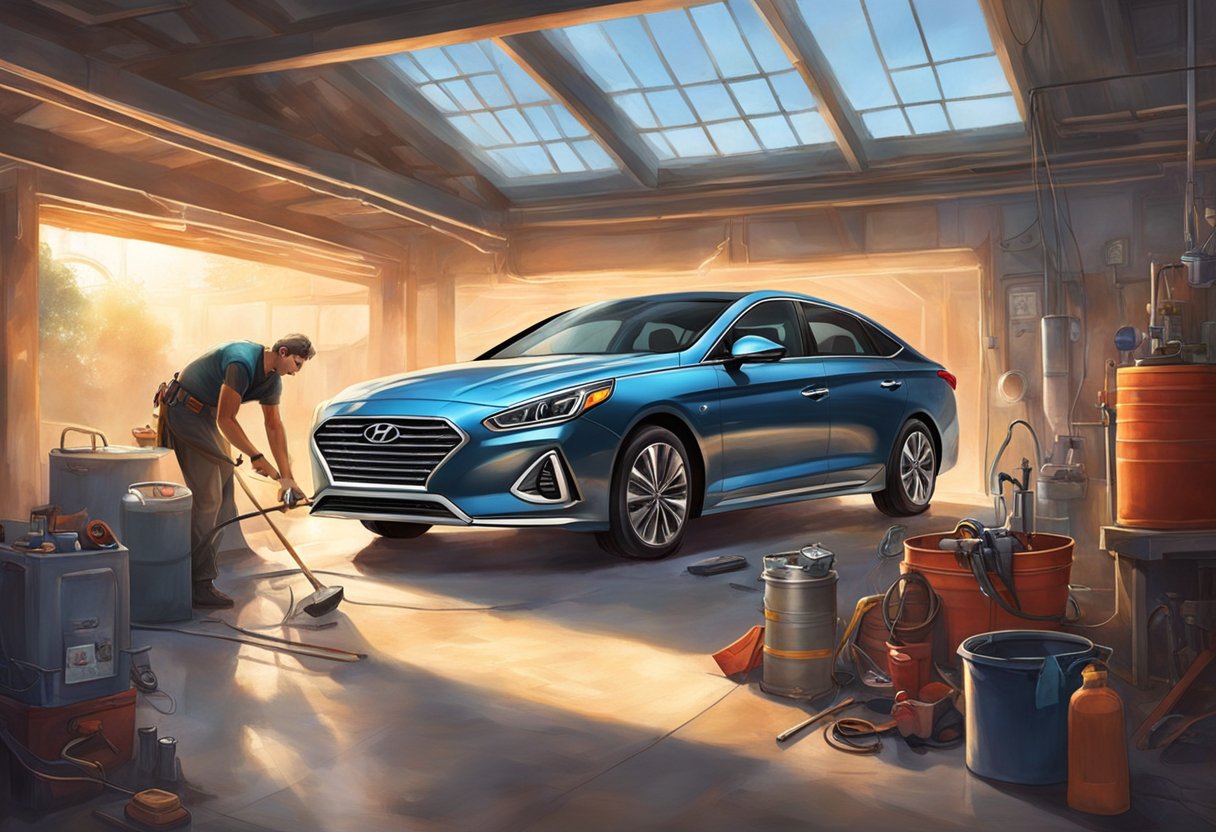 A Hyundai Sonata parked in a well-lit garage, surrounded by safety equipment and tools, with a mechanic performing routine maintenance