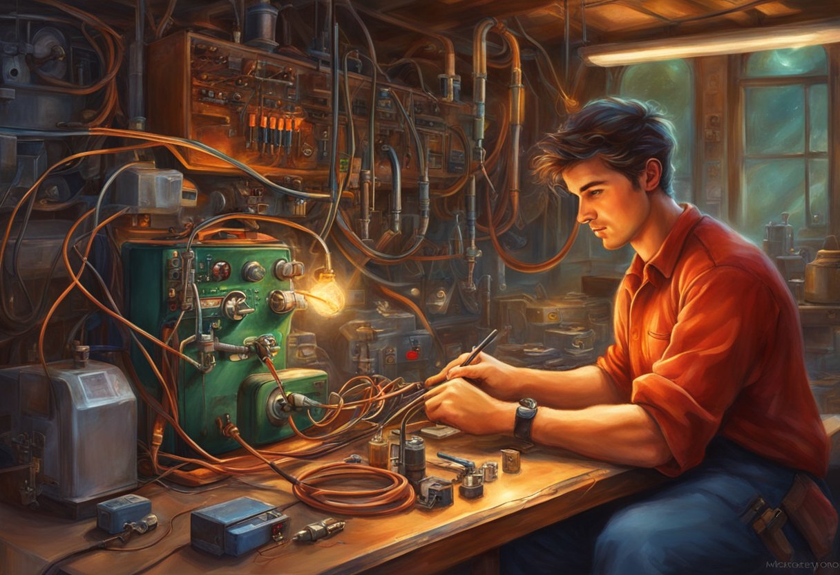 A mechanic tests a fuel pump relay with a multimeter on a workbench. Wires and connectors are visible, along with the fuel pump relay itself