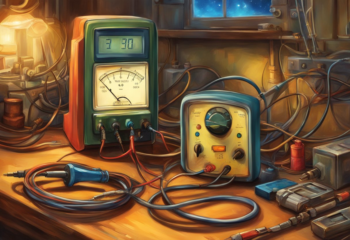 A fuel pump relay sits on a workbench next to a multimeter and a set of electrical wires. The relay is being tested for signs of failure