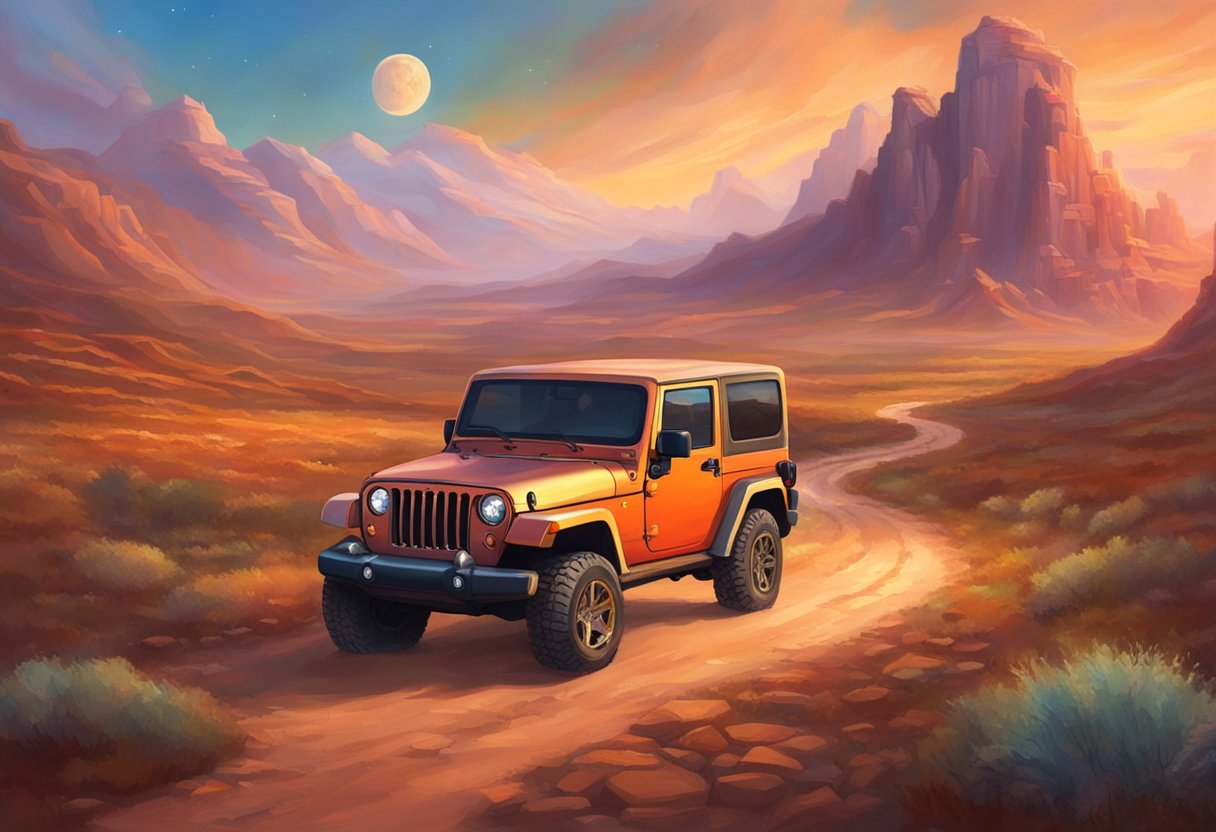 A Jeep with a 5-lug wheel pattern parked on a dirt road, surrounded by rugged terrain and rocky landscape