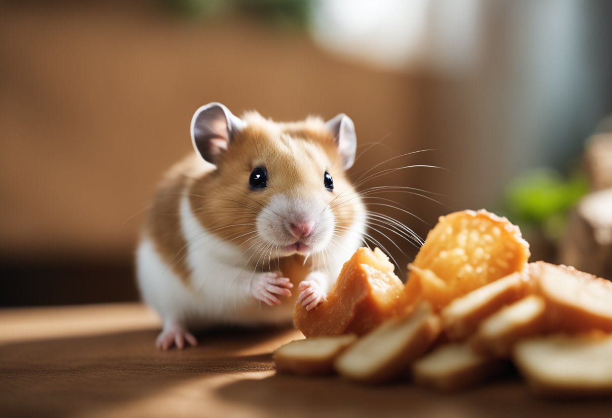 A hamster looks up at a piece of meat, its nose twitching with curiosity