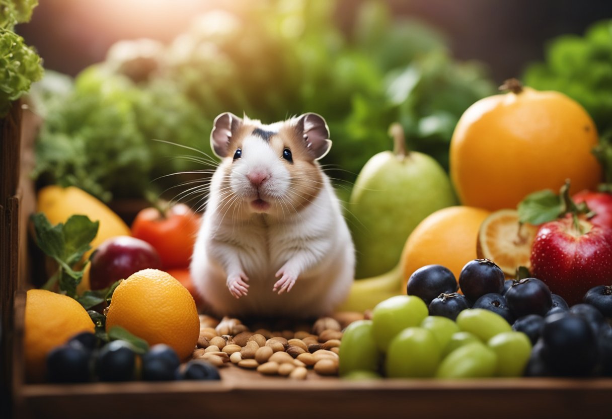 A hamster sits in its cage, surrounded by a variety of fresh fruits, vegetables, and seeds. A small dish of water is nearby