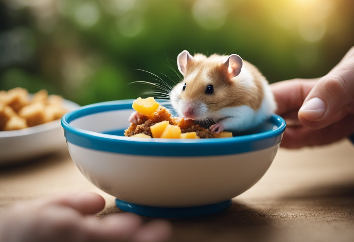 A hand places a small piece of meat into a hamster's food bowl. The hamster sniffs the meat before cautiously nibbling on it