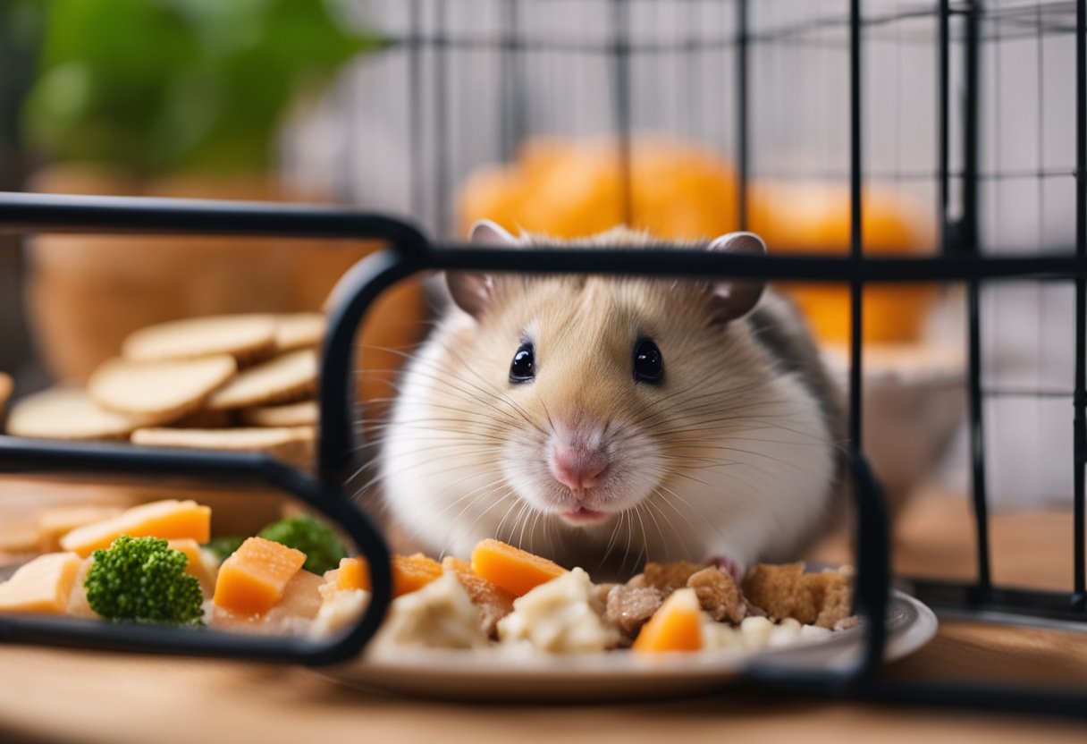 A hamster sits in a cage, surrounded by various food options. A small dish of meat is placed in front of it, while the hamster sniffs at the food with curiosity