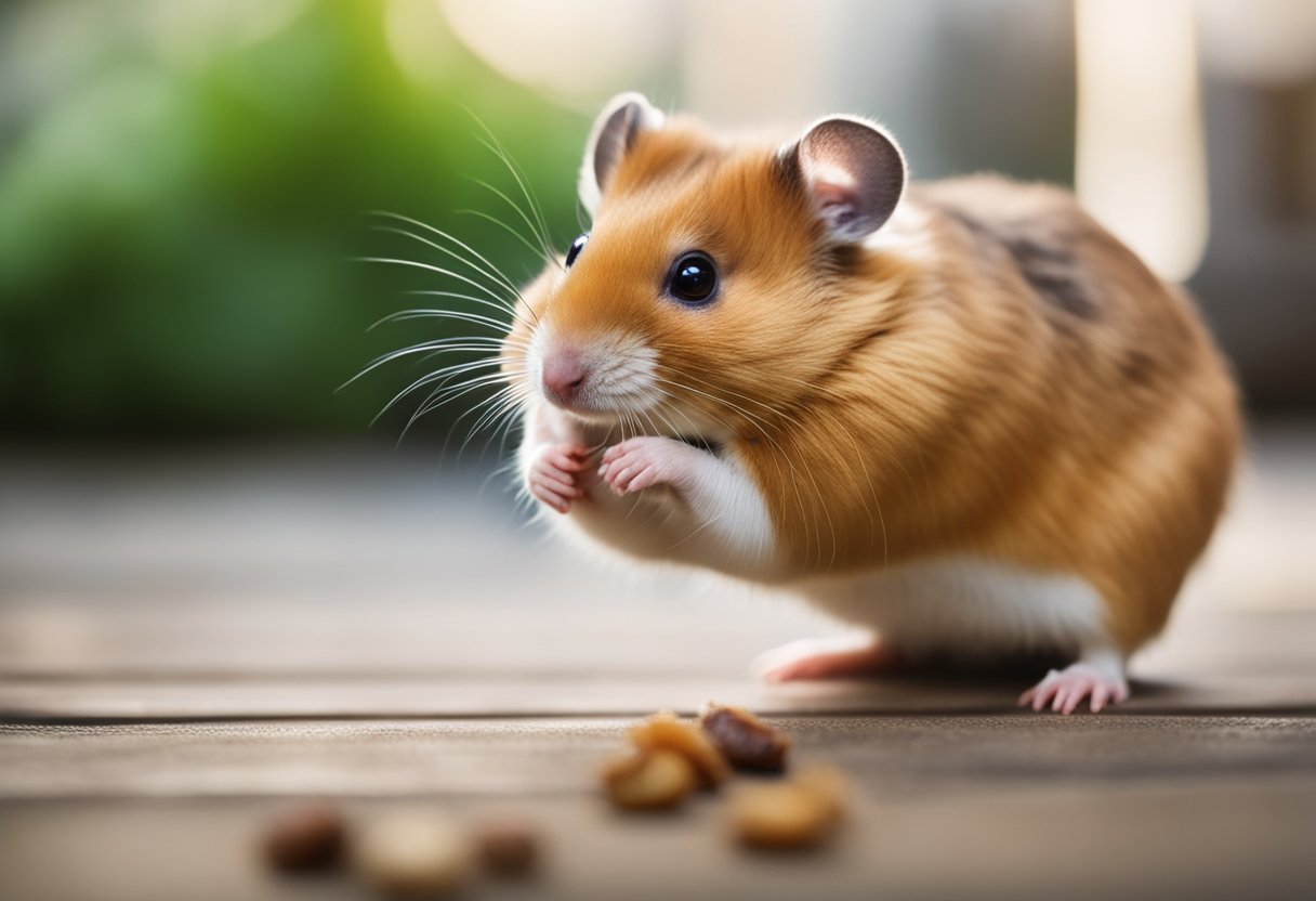 A hamster stands on its hind legs, sniffing a piece of meat with curiosity
