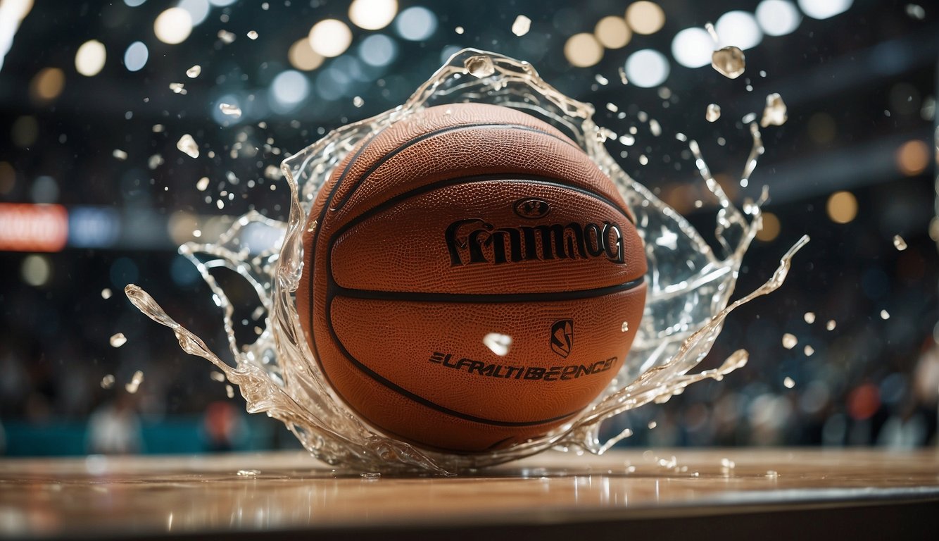 A basketball crashes through a glass backboard, shattering it into pieces