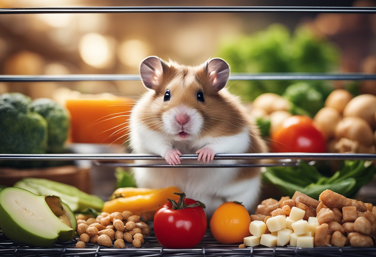 A hamster sits in a cage, surrounded by various food options. A sign above reads "Frequently Asked Questions: Can I feed my hamster meat?"