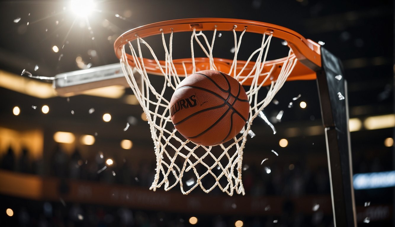 A basketball smashes through a glass backboard, shards flying in all directions