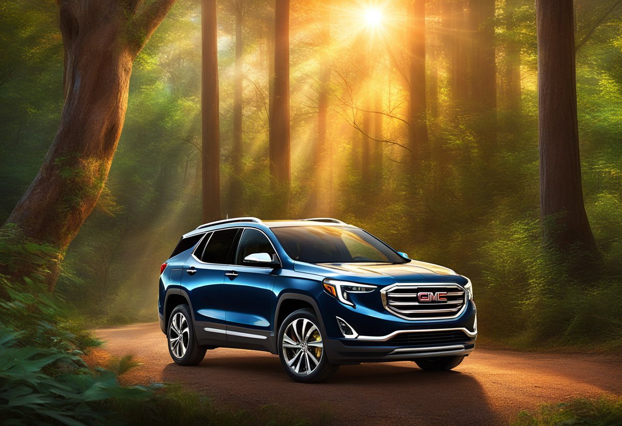 A GMC Terrain parked in a wooded area, with the sun setting in the background, casting a warm glow on the vehicle's sleek exterior