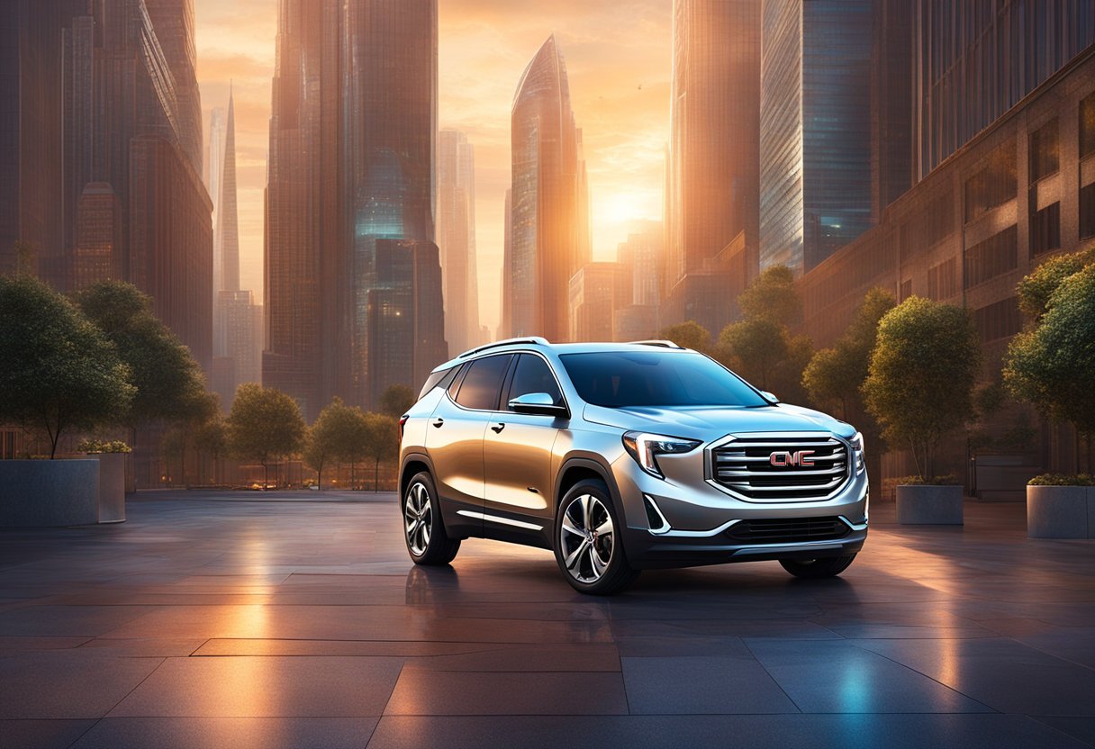 A GMC Terrain parked in a modern urban setting, surrounded by tall buildings and sleek, futuristic architecture. The vehicle's sleek design and advanced technology stand out against the backdrop of innovation