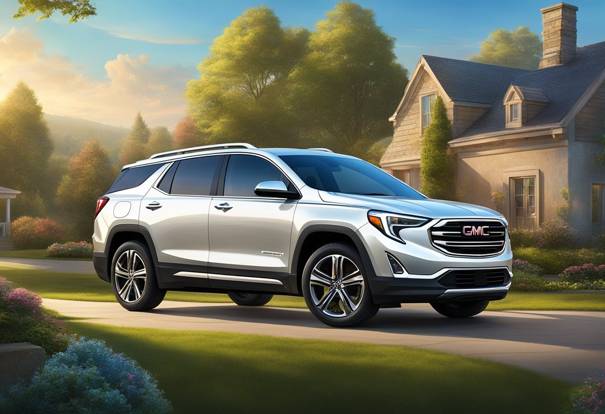 A GMC Terrain parked in a suburban driveway, surrounded by lush greenery and a clear blue sky. The vehicle's sleek design and polished exterior suggest a sense of pride and satisfaction in ownership