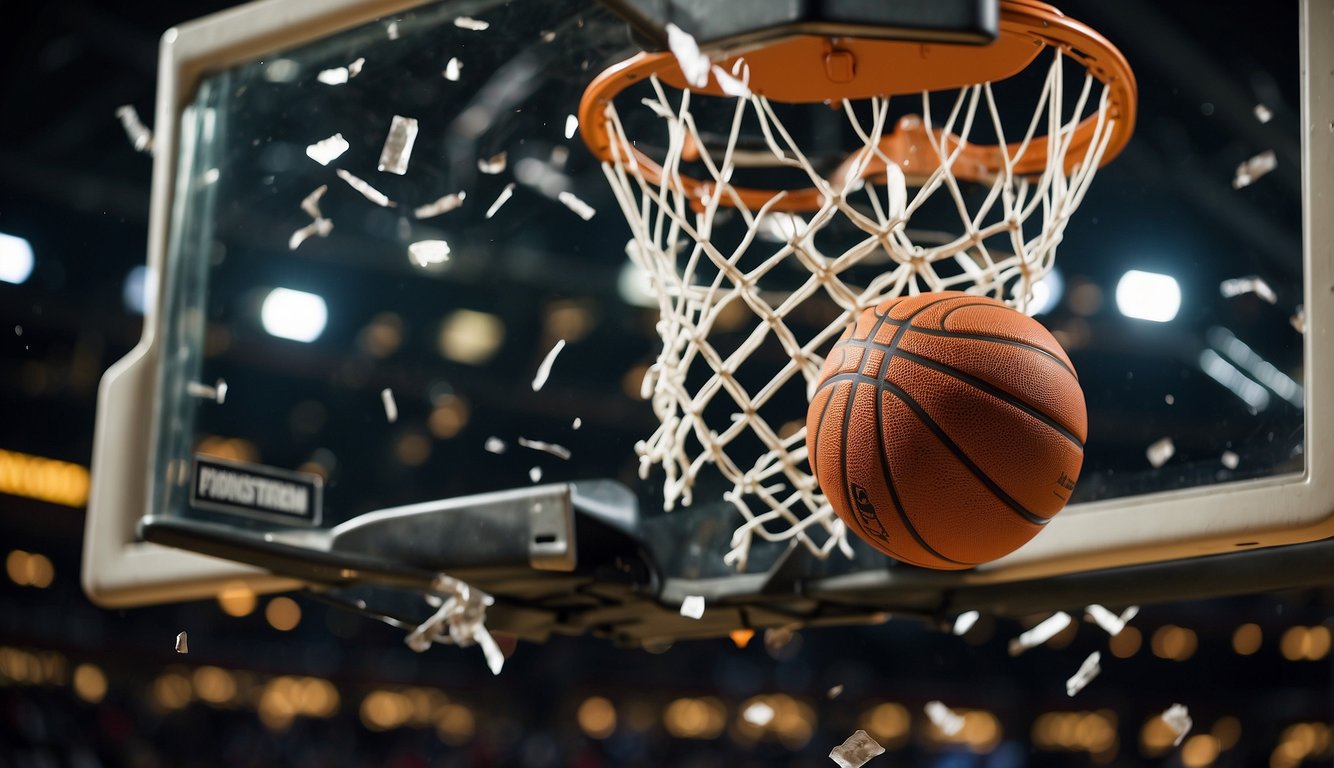 A basketball smashes through a glass backboard on a basketball court during a game, sending shards flying in all directions