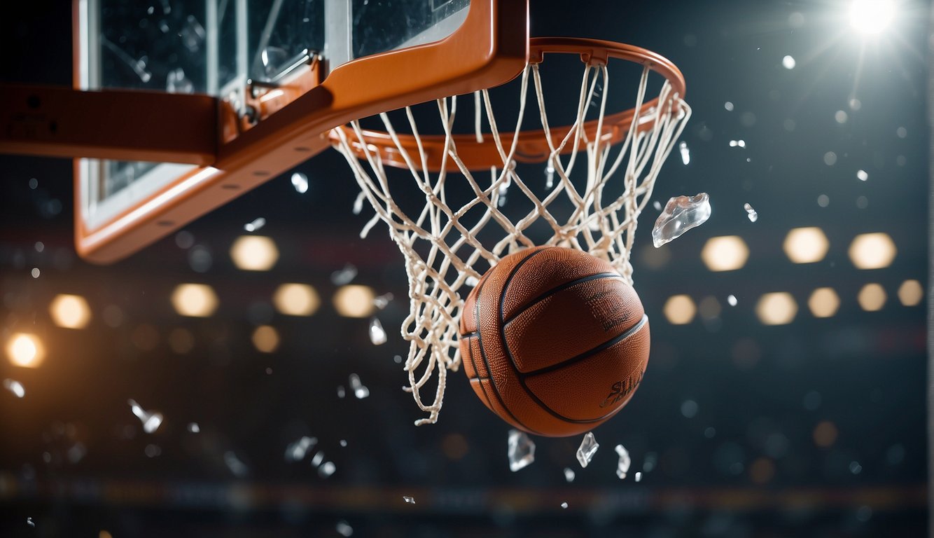 A basketball smashes through a glass backboard, sending shards flying, symbolizing the cultural and social impact of the sport