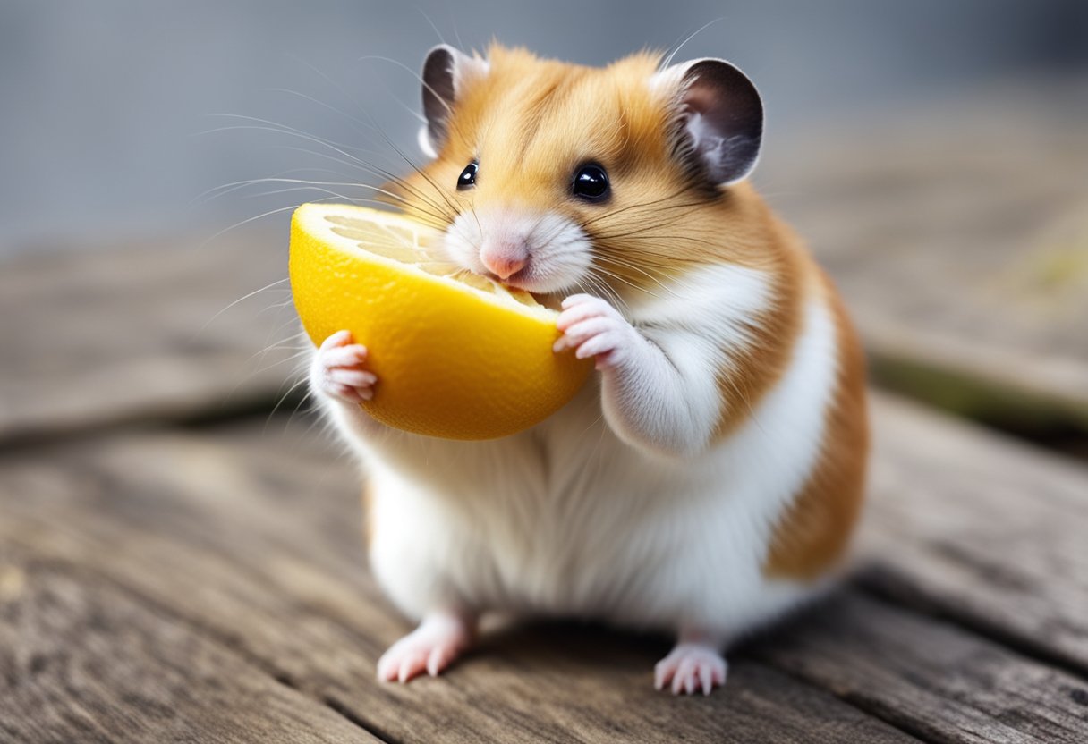 A hamster nibbles on a slice of lemon, its tiny paws holding the fruit as it takes a curious bite