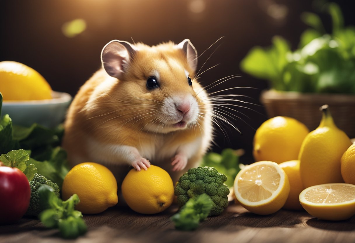 A hamster sits near a pile of various fruits and vegetables, including a lemon. The hamster appears curious about the lemon but has not yet taken a bite