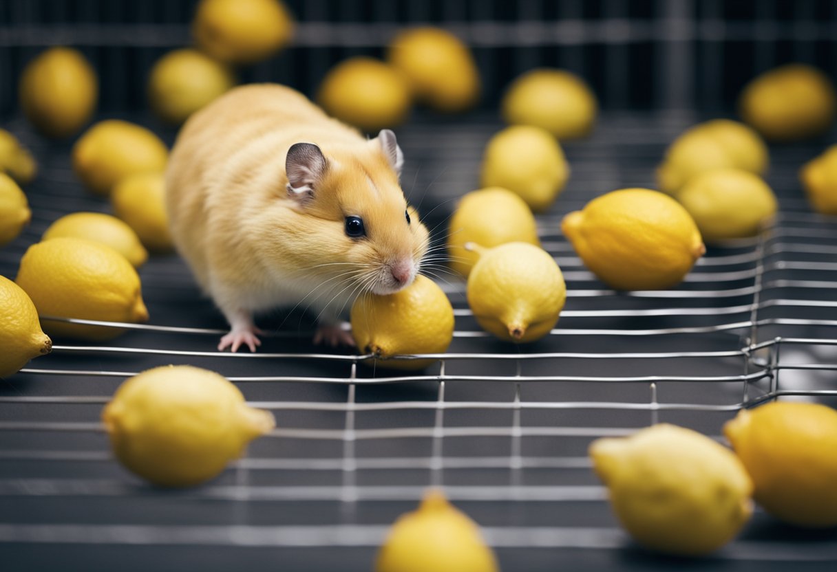 A group of lemons scattered around a hamster cage, with a curious hamster sniffing at one of the lemons