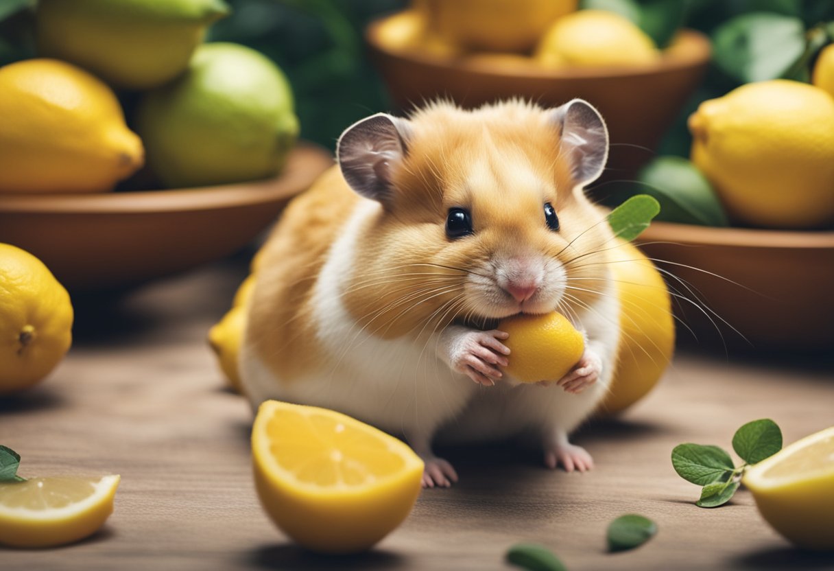 A hamster sitting next to a pile of fresh lemons, sniffing one curiously with its nose twitching