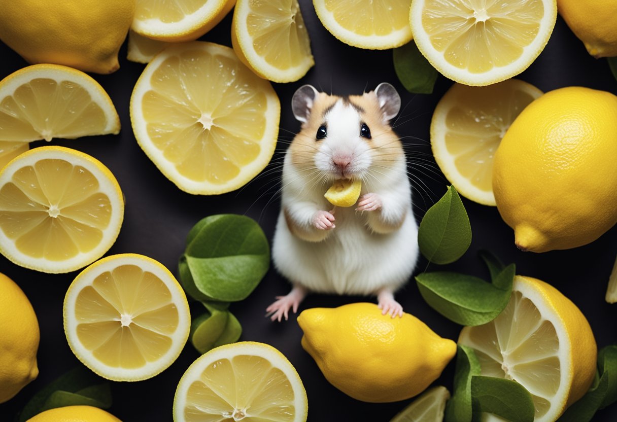 A hamster surrounded by lemon slices, sniffing and nibbling cautiously