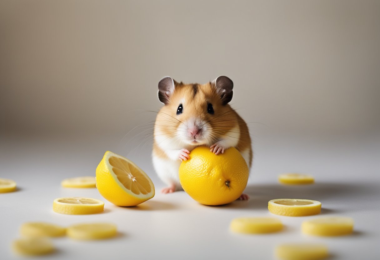 A small hamster sits beside a bright yellow lemon, sniffing it cautiously. The lemon is surrounded by question marks, indicating uncertainty
