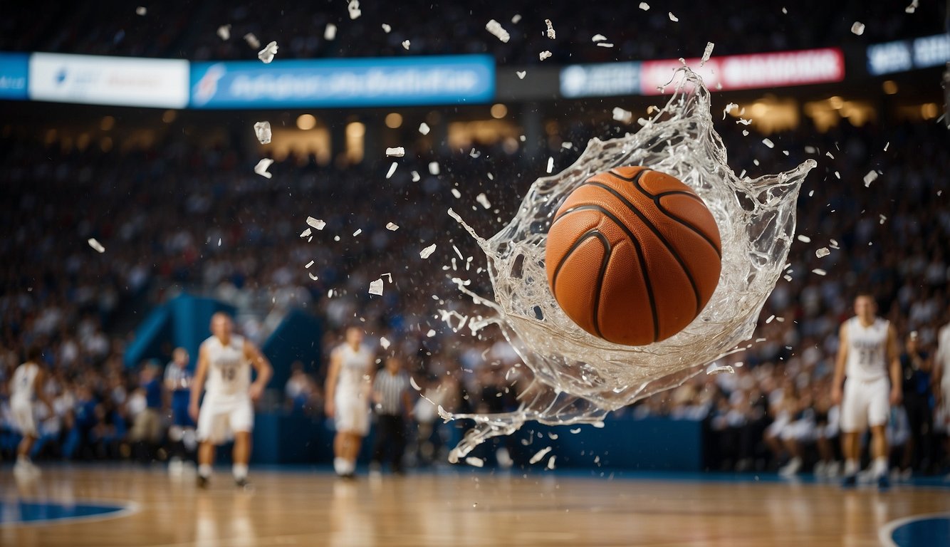 Basketball smashes through glass, shards flying, as players and spectators react in shock and awe