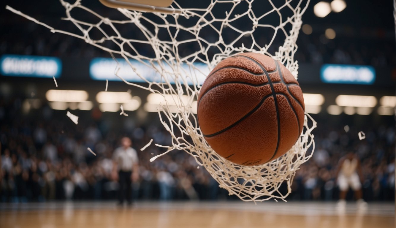 A basketball crashes through a glass backboard during an intense game, sending shards flying in all directions