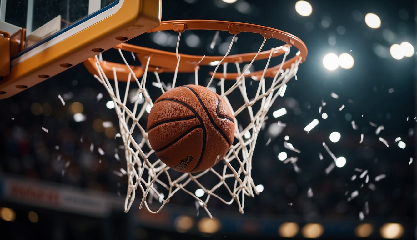 A basketball smashes through the glass backboard, sending shards flying in all directions