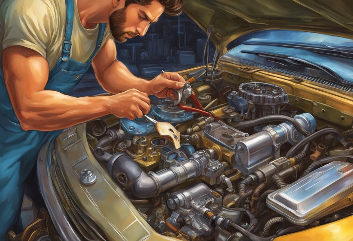A mechanic replacing a throttle pedal sensor in a car engine compartment. Tools and replacement part laid out on a workbench