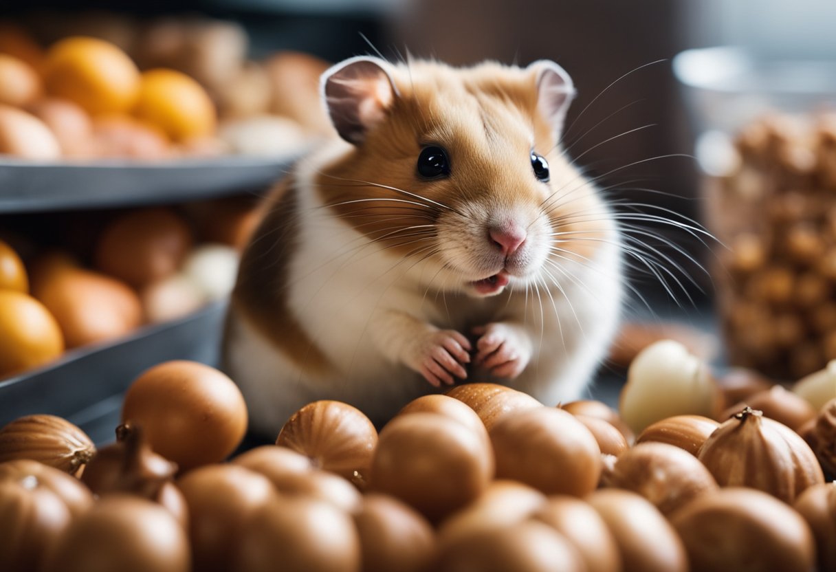 A hamster surrounded by toxic foods like chocolate and onions, with warning signs nearby