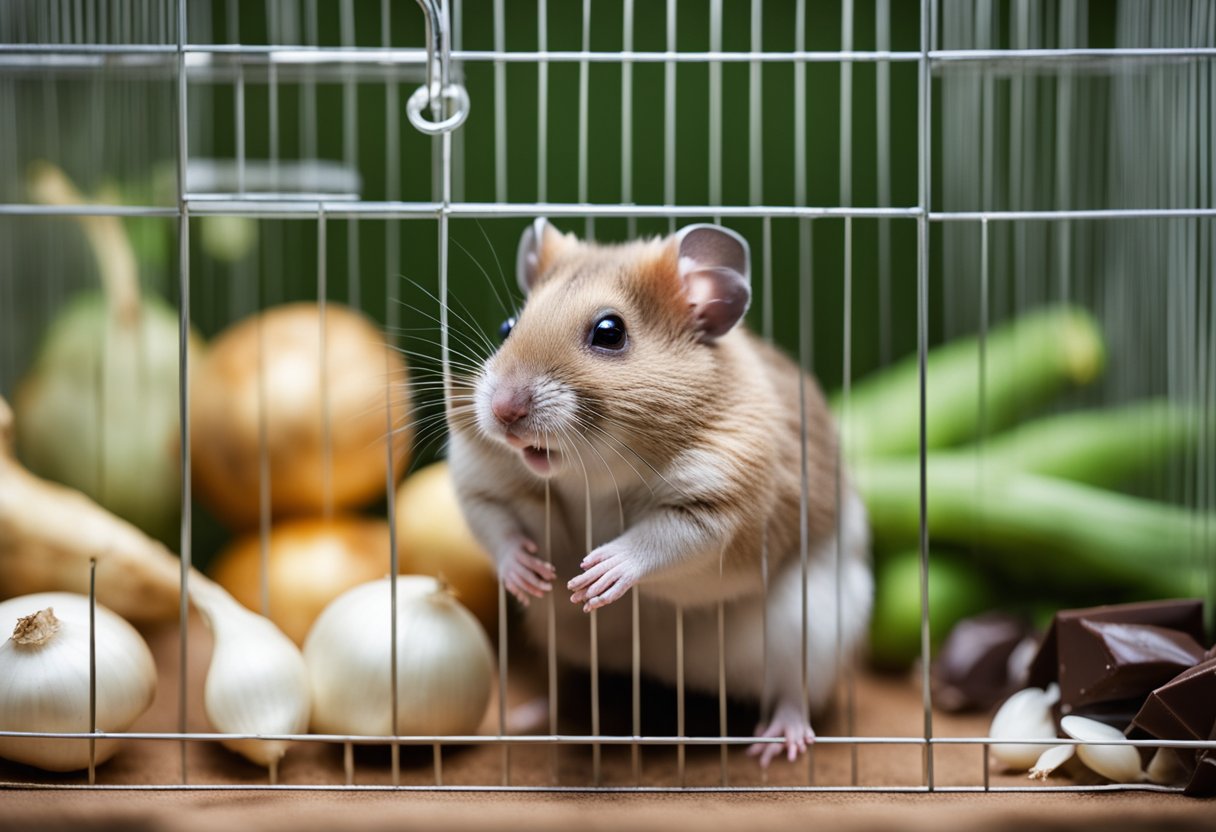 Toxic foods like chocolate, onions, and garlic surround a curious hamster in its cage, with warning signs nearby