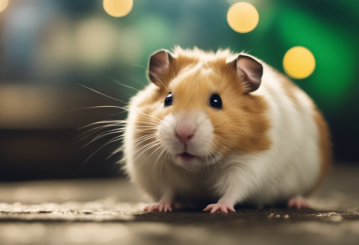 A hamster lying on its side, with drooling, shaking, and labored breathing. Nearby, a spilled container labeled "poisonous to hamsters."