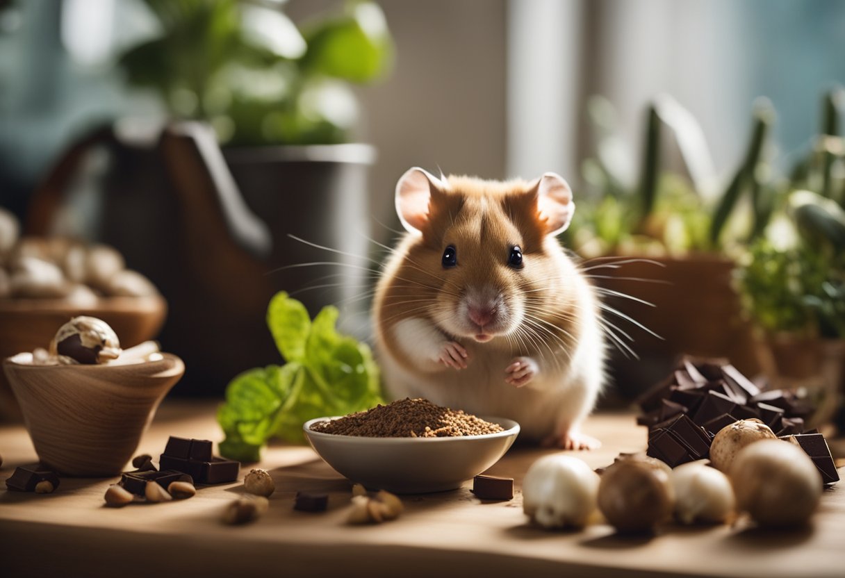 A hamster surrounded by common household items like chocolate, onions, and houseplants. A warning sign with a skull and crossbones is visible