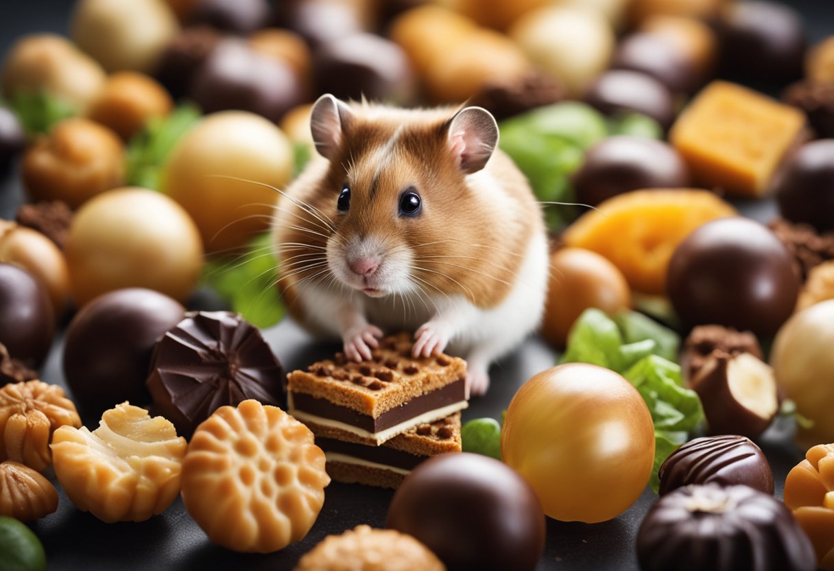 A hamster surrounded by toxic foods like chocolate and onions