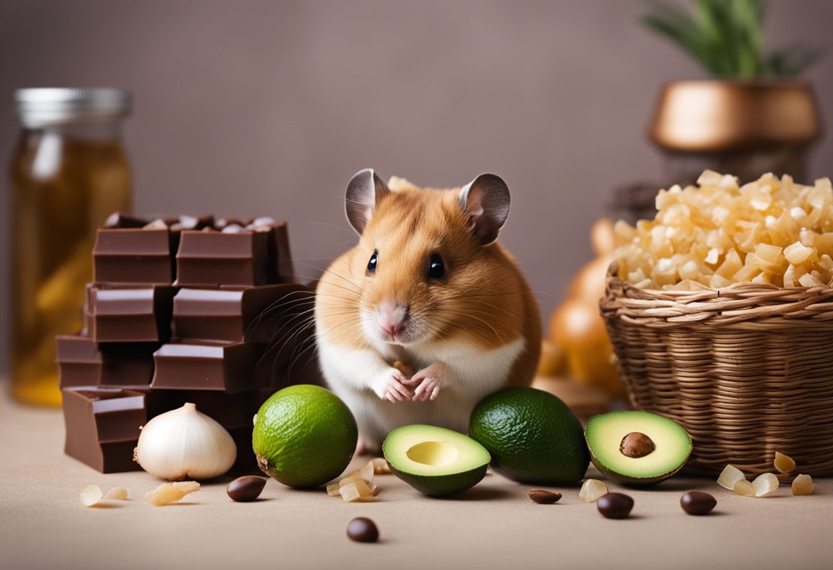A hamster surrounded by common household items: chocolate, avocado, and onions