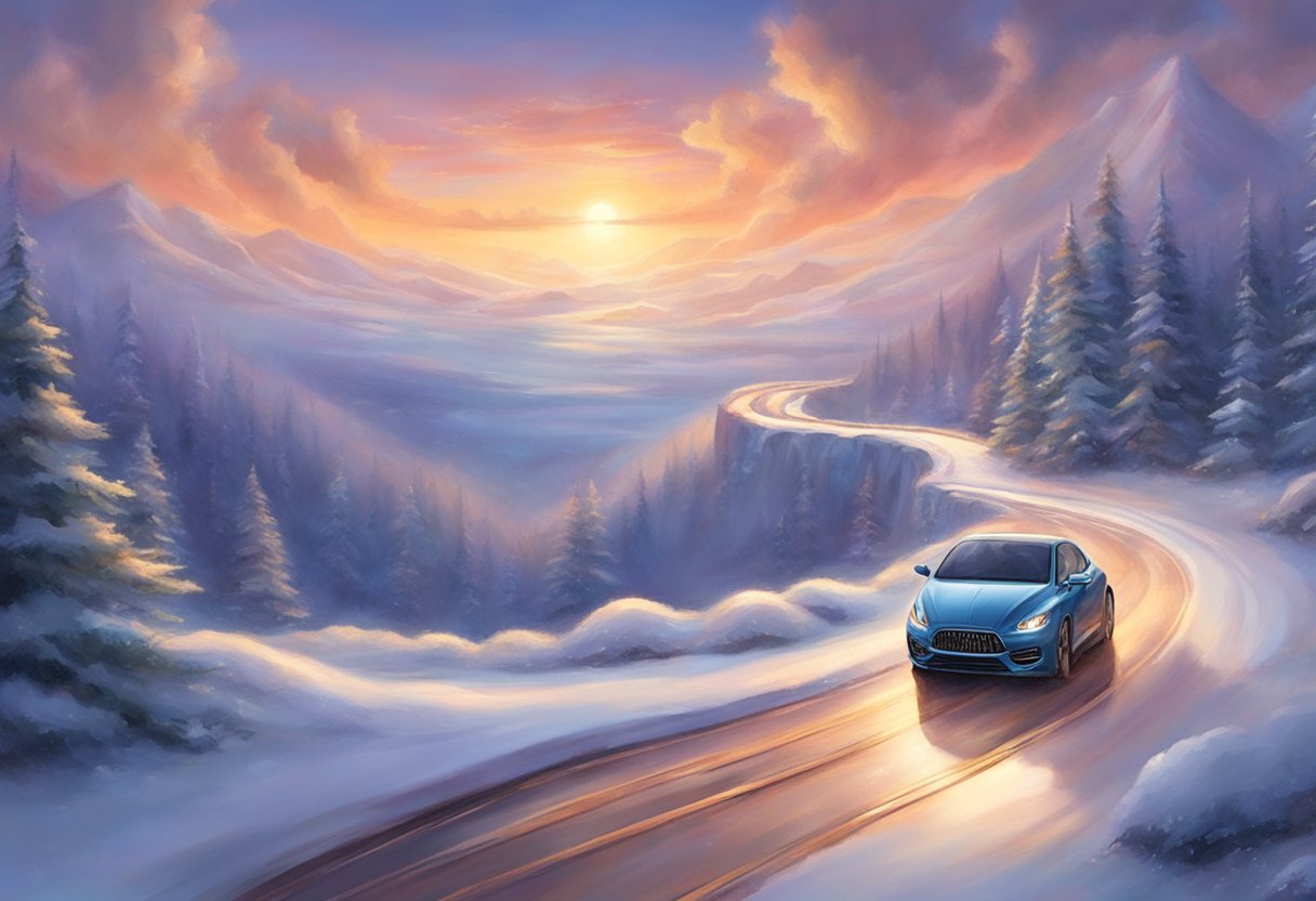 A car navigates through a snowy, winding road. The driver gently pumps the brakes to maintain control on the slippery surface