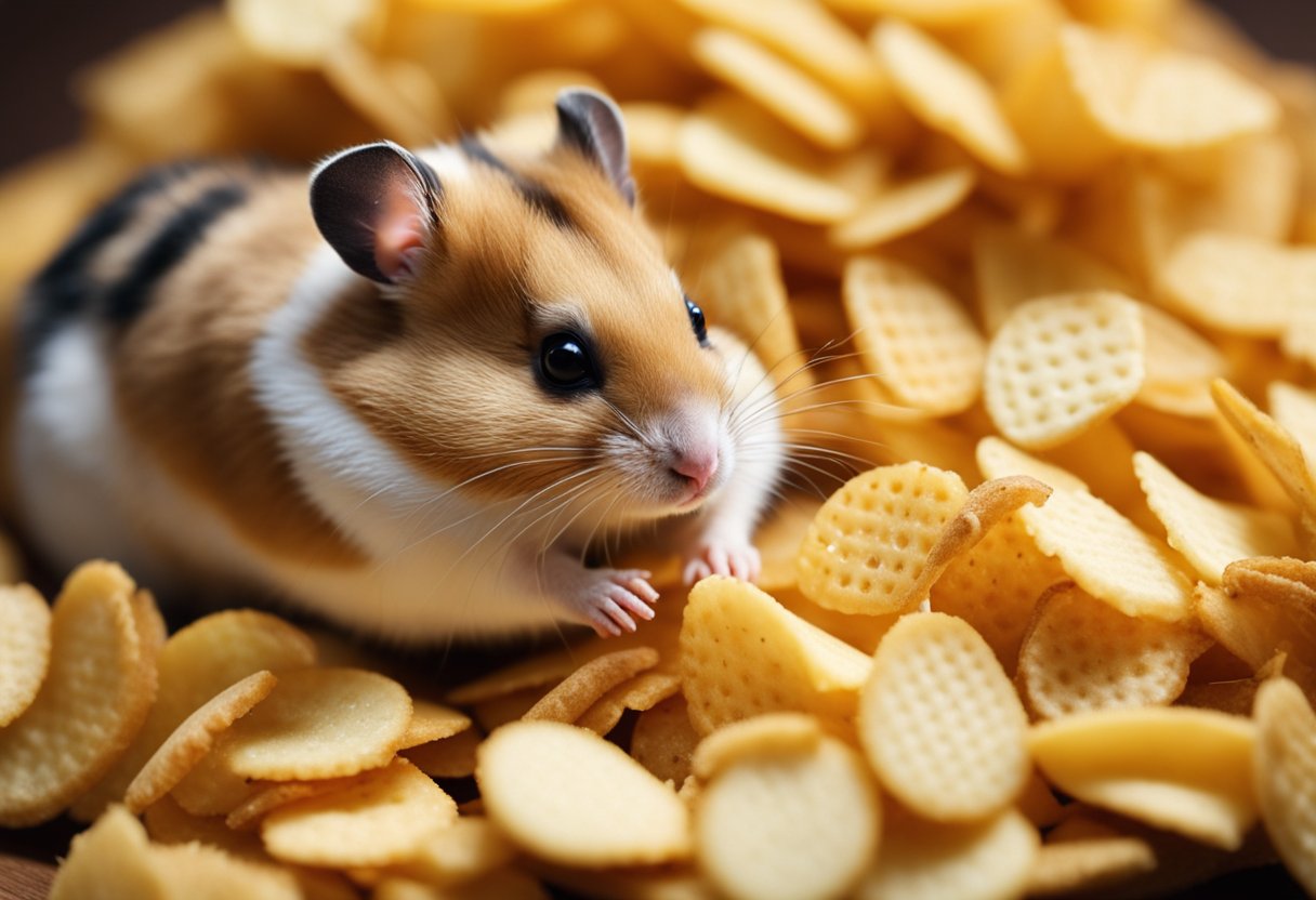 A hamster nibbles on a small pile of chips, its tiny paws holding the snack as it munches away