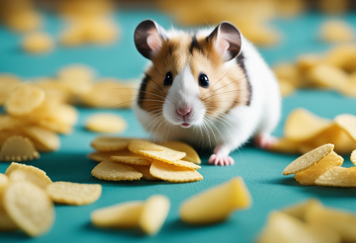 A hamster sits next to a small pile of chips, sniffing cautiously
