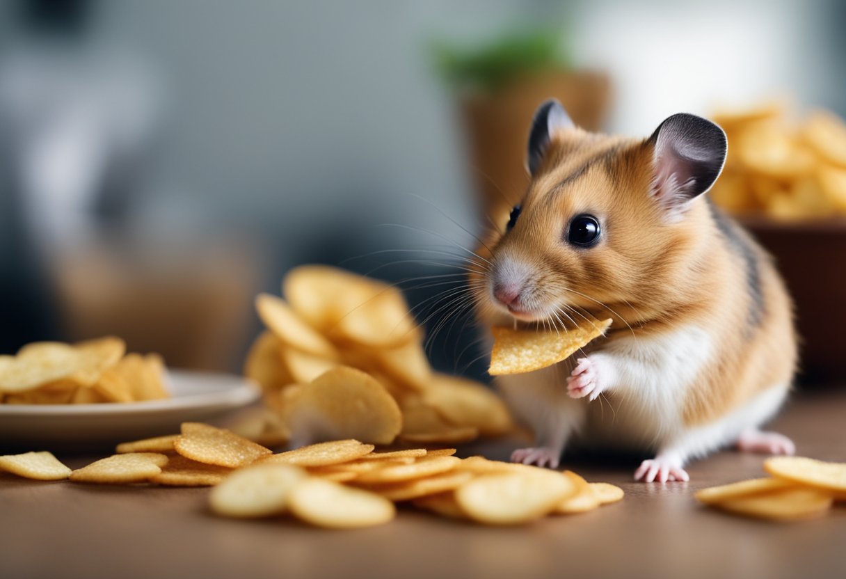 A hamster stands on its hind legs, sniffing a pile of chips on a tabletop. Its whiskers twitch as it investigates the snacks