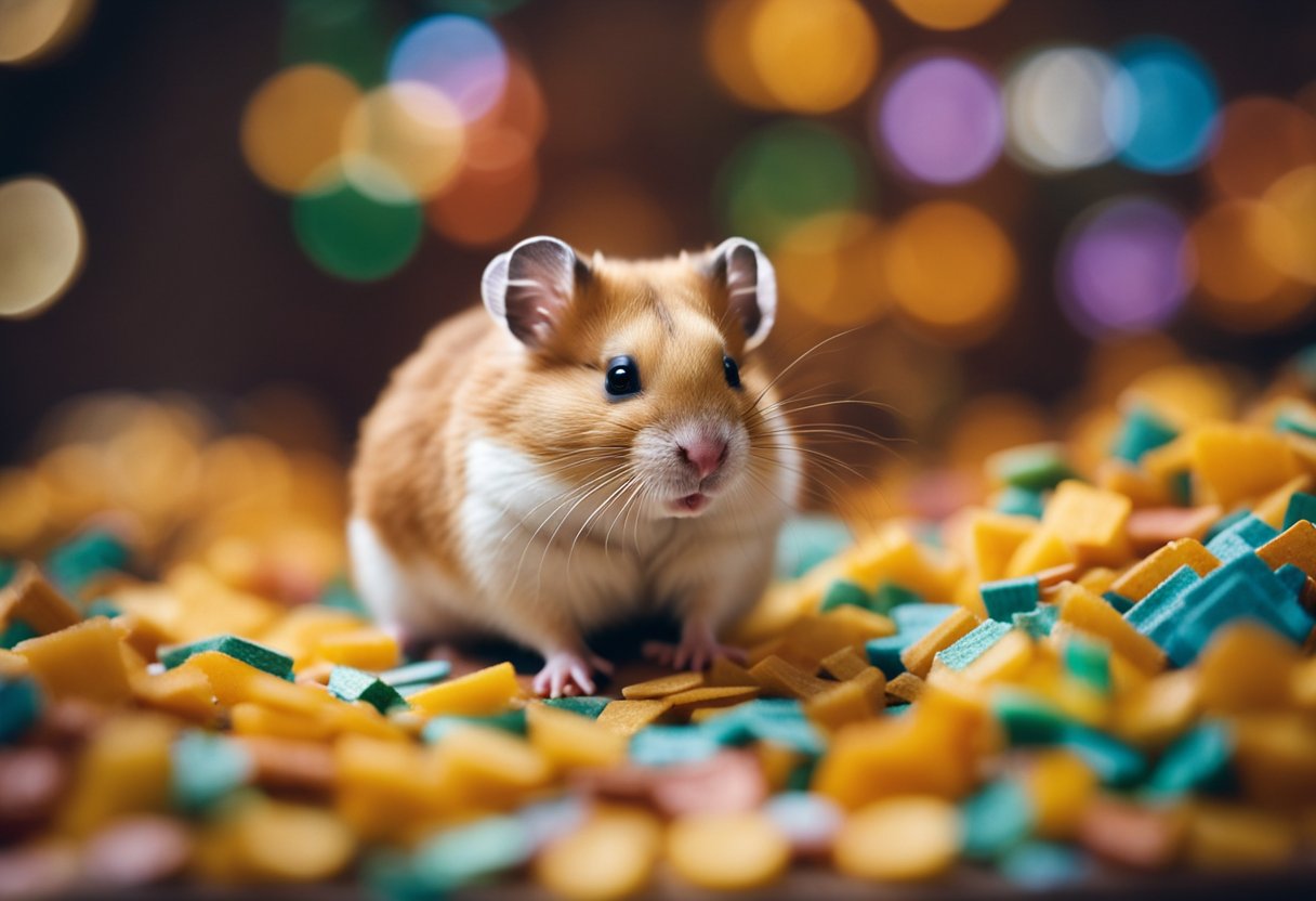 A hamster sitting in its cage, surrounded by a variety of colorful chips. The hamster appears curious and sniffing at the chips
