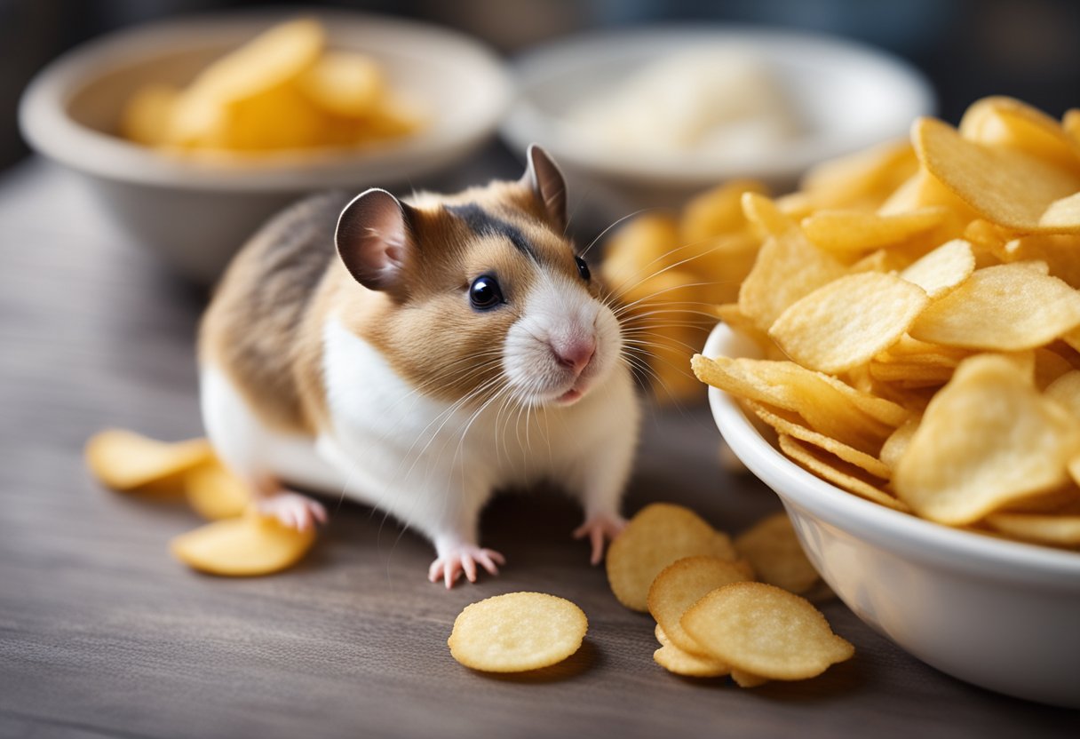 A hamster sits near a bowl of chips, sniffing cautiously